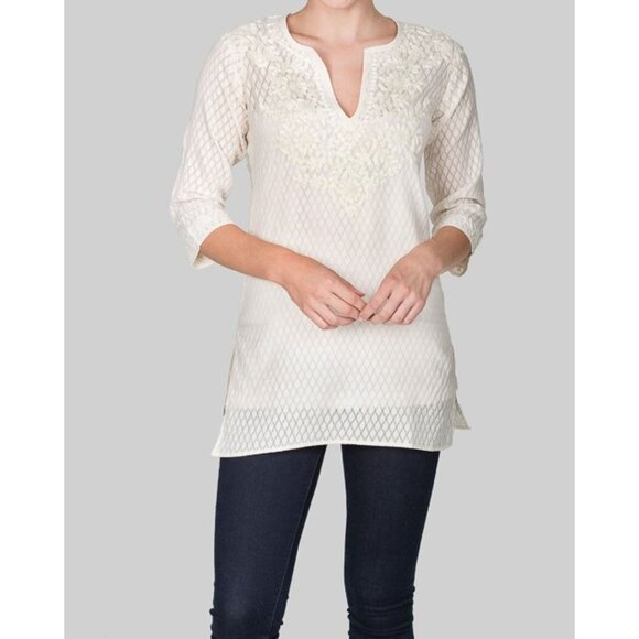 NWT, Amaya Melanie Embroidered Tunic Top Size M Cream Silk 3/4 Sleeves - Picture 1 of 8